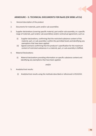 ANNEXURE – 5: TECHNICAL DOCUMENTS FOR RoHS (EN 50581 of EU)
1. General descrip on of the product
2. Documents for materials, parts and/or sub-assemblies
3. Supplier declara ons (covering speciﬁc material, part and/or sub-assembly, or a speciﬁc
range of materials, part and/or sub-assemblies) and/or contractual agreement, such as:
(I) Supplier declara ons, conﬁrming that the restricted substance content of the
material, part, or sub-assembly is within the permi ed levels and iden fying any
exemp ons that have been applied
(ii) Signed contracts conﬁrming that the producer's speciﬁca on for the maximum
content of restricted substances in a material, part, or sub-assembly is fulﬁlled.
4. Material Declara ons:
(i) Material declara ons providing informa on on speciﬁc substance content and
iden fying any exemp ons that have been applied.
and/or
5. Analy cal test results:
(i) Analy cal test results using the methods described or referenced in EN 62321
79
 