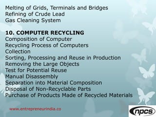 www.entrepreneurindia.co
Melting of Grids, Terminals and Bridges
Refining of Crude Lead
Gas Cleaning System
10. COMPUTER RECYCLING
Composition of Computer
Recycling Process of Computers
Collection
Sorting, Processing and Reuse in Production
Removing the Large Objects
Test for Potential Reuse
Manual Disassembly
Separation into Material Composition
Disposal of Non-Recyclable Parts
Purchase of Products Made of Recycled Materials
 