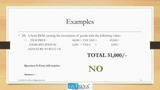 Examples
• Mr A from Delhi causing the movement of goods with the following value:-
1. ITEM PRICE 48,000 + TAX 1000 = 49,000/-
ITEMS SPECIFIED IN 2,000 + TAX 0 = 2,000/-
ANNEXURE TO RULE 138
TOTAL 51,000/-
Question Is Eway bill require-
Answer :-
18© GSTSEVA.COM, All Rights Reserved
 