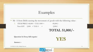 Examples
• Mr A from Delhi causing the movement of goods with the following value:-
1. ITEM PRICE 48,000 + TAX 1000 = 49,000/-
Non GST 2,000 + TAX 0 = 2,000/-
TOTAL 51,000/-
Question Is Eway bill require-
Answer :-
19© GSTSEVA.COM, All Rights Reserved
 