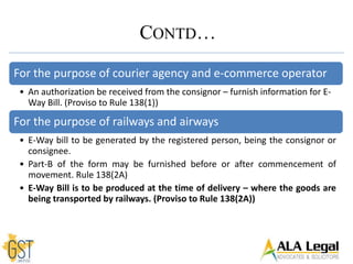For the purpose of courier agency and e-commerce operator
• An authorization be received from the consignor – furnish information for E-
Way Bill. (Proviso to Rule 138(1))
For the purpose of railways and airways
• E-Way bill to be generated by the registered person, being the consignor or
consignee.
• Part-B of the form may be furnished before or after commencement of
movement. Rule 138(2A)
• E-Way Bill is to be produced at the time of delivery – where the goods are
being transported by railways. (Proviso to Rule 138(2A))
CONTD…
 