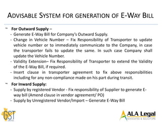 ADVISABLE SYSTEM FOR GENERATION OF E-WAY BILL
~ For Outward Supply –
- Generate E-Way Bill for Company’s Outward Supply.
- Change in Vehicle Number – Fix Responsibility of Transporter to update
vehicle number or to immediately communicate to the Company, in case
the transporter fails to update the same. In such case Company shall
update the Vehicle Number.
- Validity Extension– Fix Responsibility of Transporter to extend the Validity
of the E-Way Bill, if required.
- Insert clause in transporter agreement to fix above responsibilities
including for any non-compliance made on his part during transit.
~ For Inward Supply:
- Supply by registered Vendor - Fix responsibility of Supplier to generate E-
way bill (Amend clause in vendor agreement/ PO)
- Supply by Unregistered Vendor/Import – Generate E-Way Bill
 