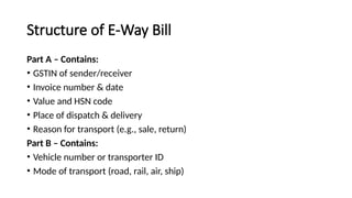 Structure of E-Way Bill
Part A – Contains:
• GSTIN of sender/receiver
• Invoice number & date
• Value and HSN code
• Place of dispatch & delivery
• Reason for transport (e.g., sale, return)
Part B – Contains:
• Vehicle number or transporter ID
• Mode of transport (road, rail, air, ship)
 