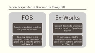 Person Responsible to Generate the E-Way Bill
FOB
Supplier undertakes to deliver
the goods on his own.
In such a case, it is the
consigner causes movement of
goods and is liable to generate
an E-Way bill
Ex-Works
Recipient decides to undertake
the transportation of goods on
his own
In such a case, it is the
consignee causes movement of
goods and is liable to generate
an E-Way bill
 