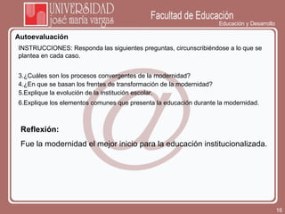 Educación y Desarrollo Autoevaluación INSTRUCCIONES: Responda las siguientes preguntas, circunscribiéndose a lo que se plantea en cada caso. ¿Cuáles son los procesos convergentes de la modernidad? ¿En que se basan los frentes de transformación de la modernidad? Explique la evolución de la institución escolar. Explique los elementos comunes que presenta la educación durante la modernidad. Reflexión: Fue la modernidad el mejor inicio para la educación institucionalizada. 