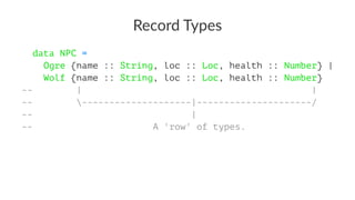 Record Types
data NPC =
Ogre {name :: String, loc :: Loc, health :: Number} |
Wolf {name :: String, loc :: Loc, health :: Number}
-- | |
-- --------------------|---------------------/
-- |
-- A 'row' of types.
 