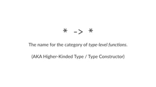 * -> *
The name for the category of type-level func-ons.
(AKA Higher-Kinded Type / Type Constructor)
 