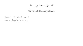 * -> * -> *
Turtles all the way down.
Map :: * -> * -> *
data Map k v = ...
 