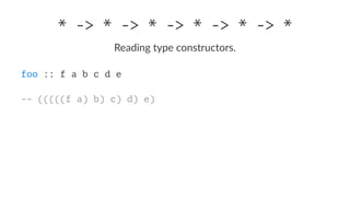 * -> * -> * -> * -> * -> *
Reading type constructors.
foo :: f a b c d e
-- (((((f a) b) c) d) e)
 