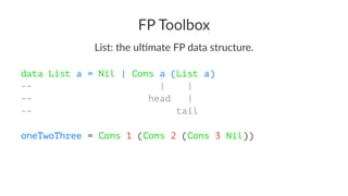 FP Toolbox
List: the ul+mate FP data structure.
data List a = Nil | Cons a (List a)
-- | |
-- head |
-- tail
oneTwoThree = Cons 1 (Cons 2 (Cons 3 Nil))
 