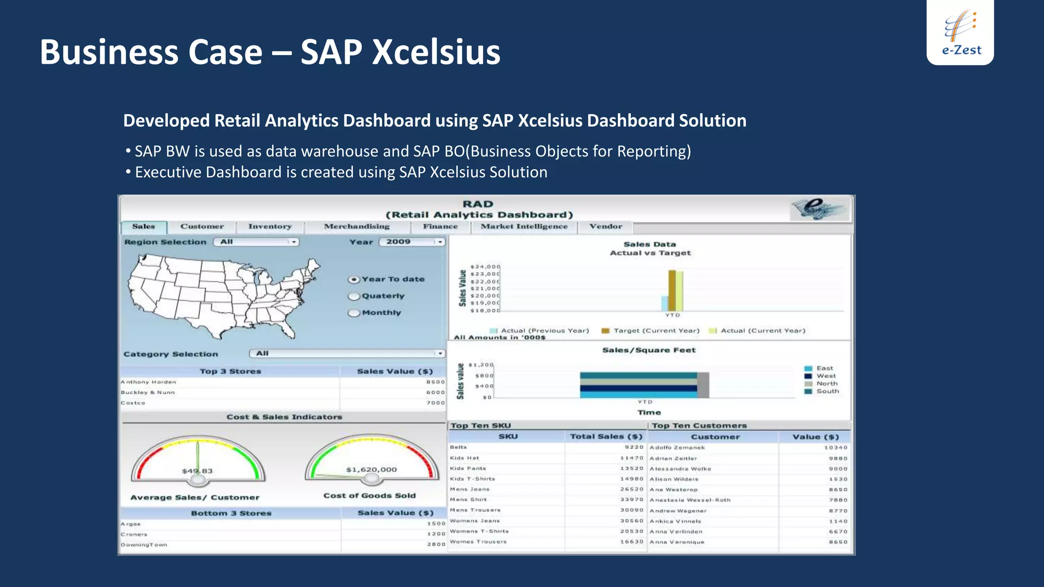 Business Case – SAP Xcelsius
     Developed Retail Analytics Dashboard using SAP Xcelsius Dashboard Solution
     • SAP BW is used as data warehouse and SAP BO(Business Objects for Reporting)
     • Executive Dashboard is created using SAP Xcelsius Solution
 