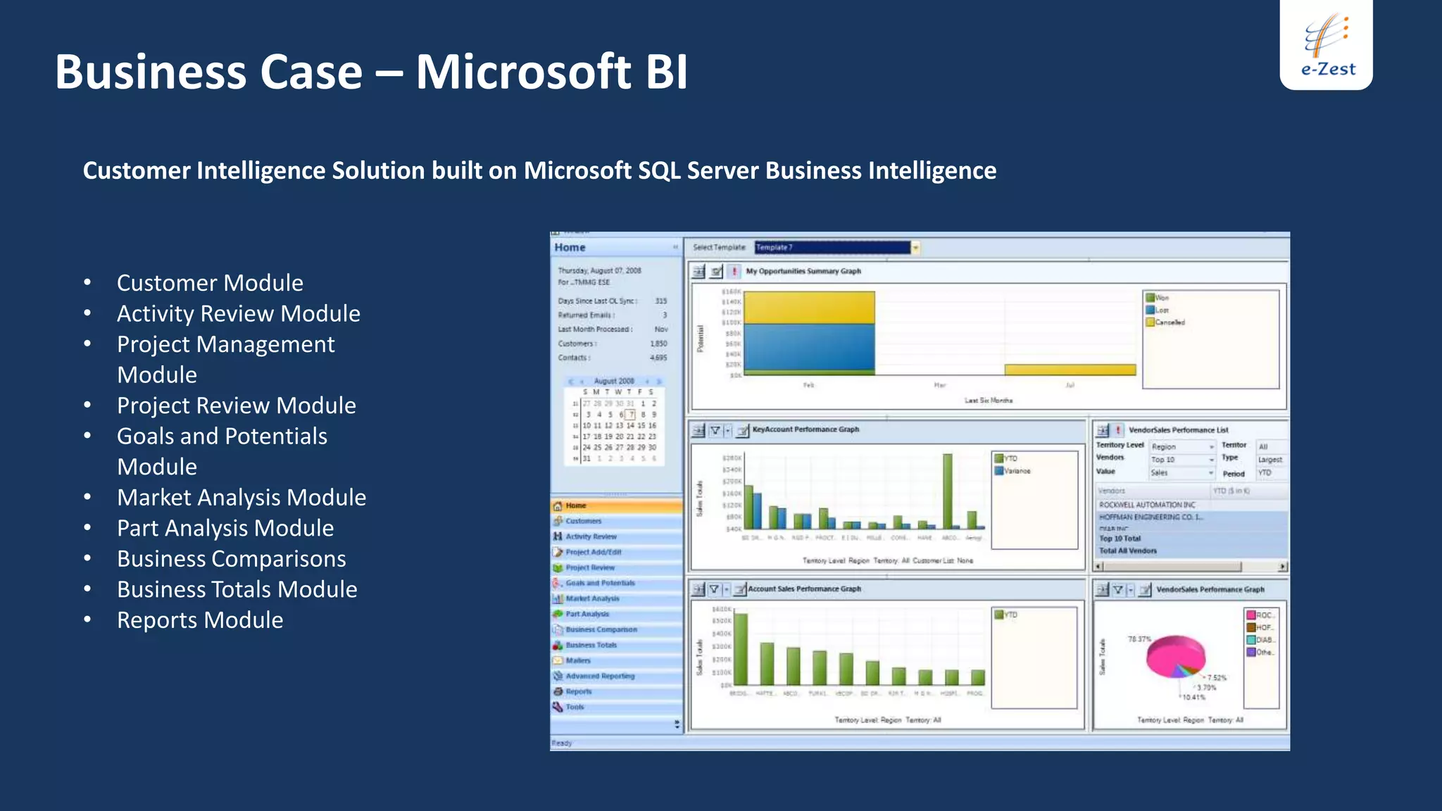 Business Case – Microsoft BI
 Customer Intelligence Solution built on Microsoft SQL Server Business Intelligence



 • Customer Module
 • Activity Review Module
 • Project Management
   Module
 • Project Review Module
 • Goals and Potentials
   Module
 • Market Analysis Module
 • Part Analysis Module
 • Business Comparisons
 • Business Totals Module
 • Reports Module
 