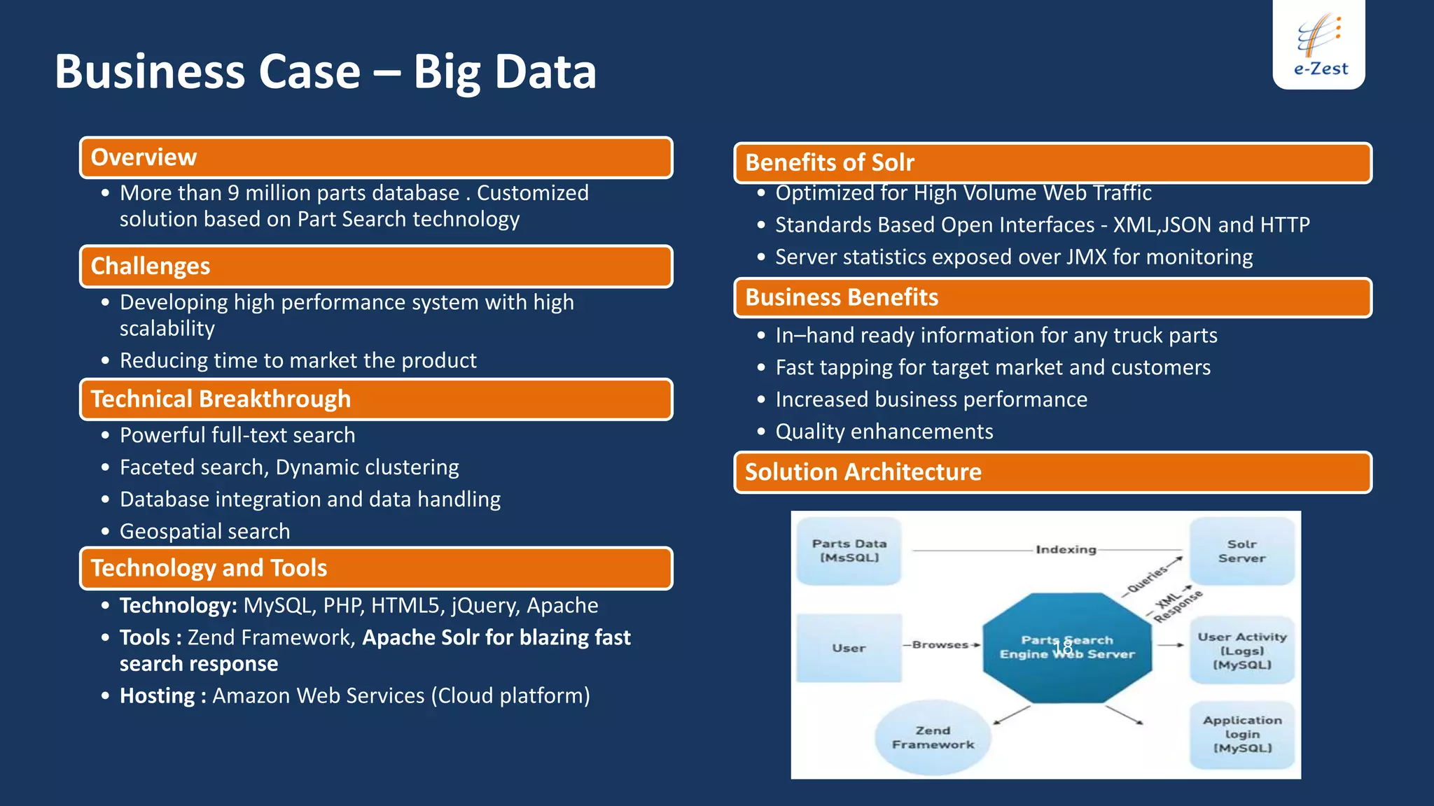 Business Case – Big Data
 Overview                                                  Benefits of Solr
  • More than 9 million parts database . Customized        • Optimized for High Volume Web Traffic
    solution based on Part Search technology               • Standards Based Open Interfaces - XML,JSON and HTTP
 Challenges                                                • Server statistics exposed over JMX for monitoring
  • Developing high performance system with high           Business Benefits
    scalability                                            •   In–hand ready information for any truck parts
  • Reducing time to market the product                    •   Fast tapping for target market and customers
 Technical Breakthrough                                    •   Increased business performance
  •   Powerful full-text search                            •   Quality enhancements
  •   Faceted search, Dynamic clustering                   Solution Architecture
  •   Database integration and data handling
  •   Geospatial search
 Technology and Tools
  • Technology: MySQL, PHP, HTML5, jQuery, Apache
  • Tools : Zend Framework, Apache Solr for blazing fast                                   18
    search response
  • Hosting : Amazon Web Services (Cloud platform)
 