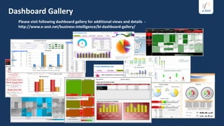 Dashboard Gallery
  Please visit following dashboard gallery for additional views and details -
  http://www.e-zest.net/business-intelligence/bi-dashboard-gallery/
 
