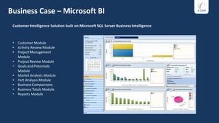 Business Case – Microsoft BI
 Customer Intelligence Solution built on Microsoft SQL Server Business Intelligence



 • Customer Module
 • Activity Review Module
 • Project Management
   Module
 • Project Review Module
 • Goals and Potentials
   Module
 • Market Analysis Module
 • Part Analysis Module
 • Business Comparisons
 • Business Totals Module
 • Reports Module
 