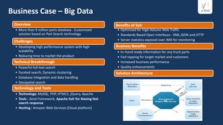 Business Case – Big Data
 Overview                                                  Benefits of Solr
  • More than 9 million parts database . Customized        • Optimized for High Volume Web Traffic
    solution based on Part Search technology               • Standards Based Open Interfaces - XML,JSON and HTTP
 Challenges                                                • Server statistics exposed over JMX for monitoring
  • Developing high performance system with high           Business Benefits
    scalability                                            •   In–hand ready information for any truck parts
  • Reducing time to market the product                    •   Fast tapping for target market and customers
 Technical Breakthrough                                    •   Increased business performance
  •   Powerful full-text search                            •   Quality enhancements
  •   Faceted search, Dynamic clustering                   Solution Architecture
  •   Database integration and data handling
  •   Geospatial search
 Technology and Tools
  • Technology: MySQL, PHP, HTML5, jQuery, Apache
  • Tools : Zend Framework, Apache Solr for blazing fast                                   18
    search response
  • Hosting : Amazon Web Services (Cloud platform)
 