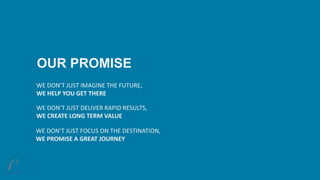 OUR PROMISE
WE DON’T JUST IMAGINE THE FUTURE,
WE HELP YOU GET THERE
WE DON’T JUST DELIVER RAPID RESULTS,
WE CREATE LONG TERM VALUE
WE DON’T JUST FOCUS ON THE DESTINATION,
WE PROMISE A GREAT JOURNEY
 