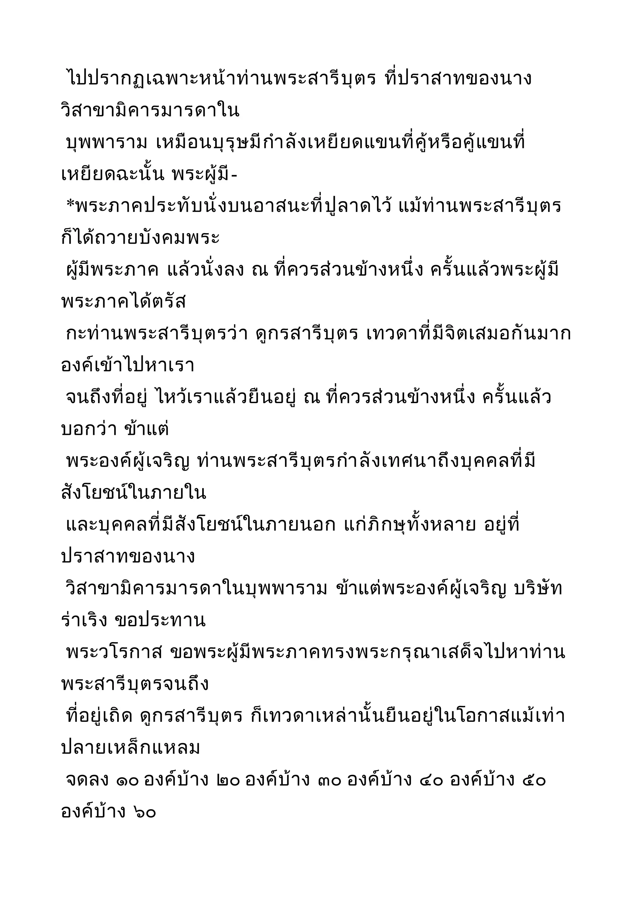 ไปปรากฏเฉพาะหน้าท่านพระสารีบุตร ที่ปราสาทของนาง
วิสาขามิคารมารดาใน
บุพพาราม เหมือนบุรุษมีกำาลังเหยียดแขนที่คู้หรือคู้แขนที่
เหยียดฉะนั้น พระผู้มี-
*พระภาคประทับนั่งบนอาสนะที่ปูลาดไว้ แม้ท่านพระสารีบุตร
ก็ได้ถวายบังคมพระ
ผู้มีพระภาค แล้วนั่งลง ณ ที่ควรส่วนข้างหนึ่ง ครั้นแล้วพระผู้มี
พระภาคได้ตรัส
กะท่านพระสารีบุตรว่า ดูกรสารีบุตร เทวดาที่มีจิตเสมอกันมาก
องค์เข้าไปหาเรา
จนถึงที่อยู่ ไหว้เราแล้วยืนอยู่ ณ ที่ควรส่วนข้างหนึ่ง ครั้นแล้ว
บอกว่า ข้าแต่
พระองค์ผู้เจริญ ท่านพระสารีบุตรกำาลังเทศนาถึงบุคคลที่มี
สังโยชน์ในภายใน
และบุคคลที่มีสังโยชน์ในภายนอก แก่ภิกษุทั้งหลาย อยู่ที่
ปราสาทของนาง
วิสาขามิคารมารดาในบุพพาราม ข้าแต่พระองค์ผู้เจริญ บริษัท
ร่าเริง ขอประทาน
พระวโรกาส ขอพระผู้มีพระภาคทรงพระกรุณาเสด็จไปหาท่าน
พระสารีบุตรจนถึง
ที่อยู่เถิด ดูกรสารีบุตร ก็เทวดาเหล่านั้นยืนอยู่ในโอกาสแม้เท่า
ปลายเหล็กแหลม
จดลง ๑๐ องค์บ้าง ๒๐ องค์บ้าง ๓๐ องค์บ้าง ๔๐ องค์บ้าง ๕๐
องค์บ้าง ๖๐
 
