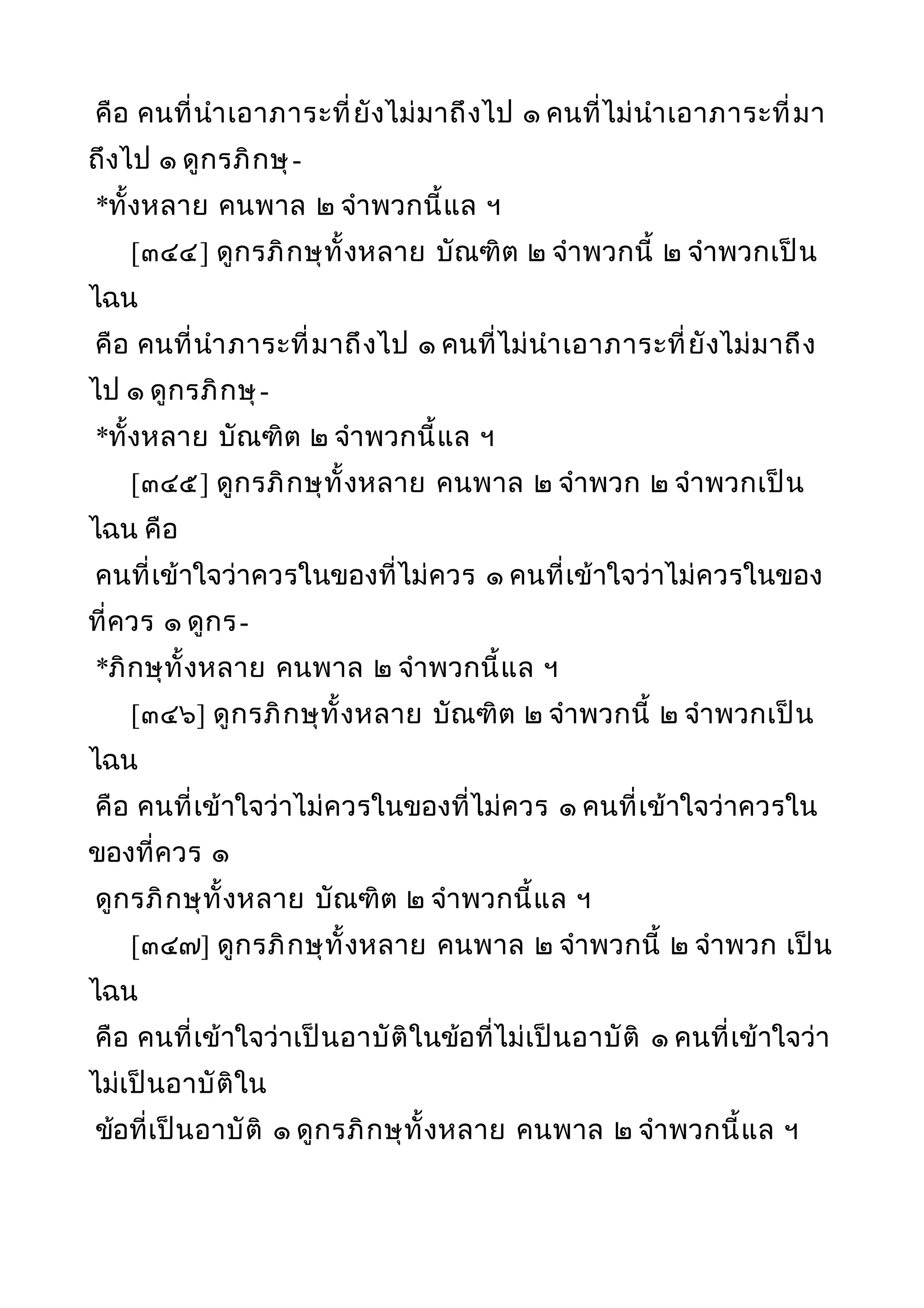 คือ คนที่นำาเอาภาระที่ยังไม่มาถึงไป ๑ คนที่ไม่นำาเอาภาระที่มา
ถึงไป ๑ ดูกรภิกษุ-
*ทั้งหลาย คนพาล ๒ จำาพวกนี้แล ฯ
[๓๔๔] ดูกรภิกษุทั้งหลาย บัณฑิต ๒ จำาพวกนี้ ๒ จำาพวกเป็น
ไฉน
คือ คนที่นำาภาระที่มาถึงไป ๑ คนที่ไม่นำาเอาภาระที่ยังไม่มาถึง
ไป ๑ ดูกรภิกษุ-
*ทั้งหลาย บัณฑิต ๒ จำาพวกนี้แล ฯ
[๓๔๕] ดูกรภิกษุทั้งหลาย คนพาล ๒ จำาพวก ๒ จำาพวกเป็น
ไฉน คือ
คนที่เข้าใจว่าควรในของที่ไม่ควร ๑ คนที่เข้าใจว่าไม่ควรในของ
ที่ควร ๑ ดูกร-
*ภิกษุทั้งหลาย คนพาล ๒ จำาพวกนี้แล ฯ
[๓๔๖] ดูกรภิกษุทั้งหลาย บัณฑิต ๒ จำาพวกนี้ ๒ จำาพวกเป็น
ไฉน
คือ คนที่เข้าใจว่าไม่ควรในของที่ไม่ควร ๑ คนที่เข้าใจว่าควรใน
ของที่ควร ๑
ดูกรภิกษุทั้งหลาย บัณฑิต ๒ จำาพวกนี้แล ฯ
[๓๔๗] ดูกรภิกษุทั้งหลาย คนพาล ๒ จำาพวกนี้ ๒ จำาพวก เป็น
ไฉน
คือ คนที่เข้าใจว่าเป็นอาบัติในข้อที่ไม่เป็นอาบัติ ๑ คนที่เข้าใจว่า
ไม่เป็นอาบัติใน
ข้อที่เป็นอาบัติ ๑ ดูกรภิกษุทั้งหลาย คนพาล ๒ จำาพวกนี้แล ฯ
 