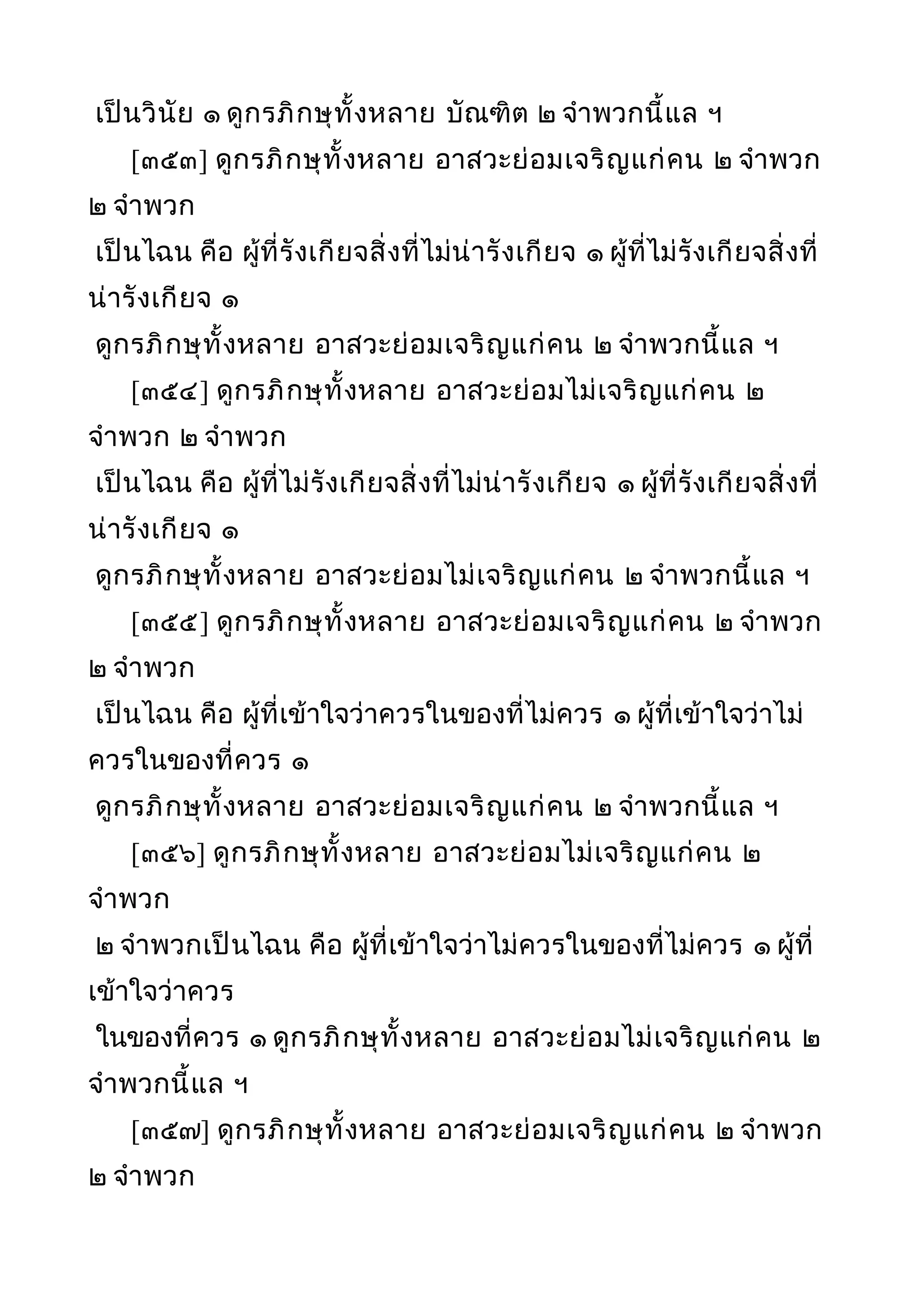 เป็นวินัย ๑ ดูกรภิกษุทั้งหลาย บัณฑิต ๒ จำาพวกนี้แล ฯ
[๓๕๓] ดูกรภิกษุทั้งหลาย อาสวะย่อมเจริญแก่คน ๒ จำาพวก
๒ จำาพวก
เป็นไฉน คือ ผู้ที่รังเกียจสิ่งที่ไม่น่ารังเกียจ ๑ ผู้ที่ไม่รังเกียจสิ่งที่
น่ารังเกียจ ๑
ดูกรภิกษุทั้งหลาย อาสวะย่อมเจริญแก่คน ๒ จำาพวกนี้แล ฯ
[๓๕๔] ดูกรภิกษุทั้งหลาย อาสวะย่อมไม่เจริญแก่คน ๒
จำาพวก ๒ จำาพวก
เป็นไฉน คือ ผู้ที่ไม่รังเกียจสิ่งที่ไม่น่ารังเกียจ ๑ ผู้ที่รังเกียจสิ่งที่
น่ารังเกียจ ๑
ดูกรภิกษุทั้งหลาย อาสวะย่อมไม่เจริญแก่คน ๒ จำาพวกนี้แล ฯ
[๓๕๕] ดูกรภิกษุทั้งหลาย อาสวะย่อมเจริญแก่คน ๒ จำาพวก
๒ จำาพวก
เป็นไฉน คือ ผู้ที่เข้าใจว่าควรในของที่ไม่ควร ๑ ผู้ที่เข้าใจว่าไม่
ควรในของที่ควร ๑
ดูกรภิกษุทั้งหลาย อาสวะย่อมเจริญแก่คน ๒ จำาพวกนี้แล ฯ
[๓๕๖] ดูกรภิกษุทั้งหลาย อาสวะย่อมไม่เจริญแก่คน ๒
จำาพวก
๒ จำาพวกเป็นไฉน คือ ผู้ที่เข้าใจว่าไม่ควรในของที่ไม่ควร ๑ ผู้ที่
เข้าใจว่าควร
ในของที่ควร ๑ ดูกรภิกษุทั้งหลาย อาสวะย่อมไม่เจริญแก่คน ๒
จำาพวกนี้แล ฯ
[๓๕๗] ดูกรภิกษุทั้งหลาย อาสวะย่อมเจริญแก่คน ๒ จำาพวก
๒ จำาพวก
 