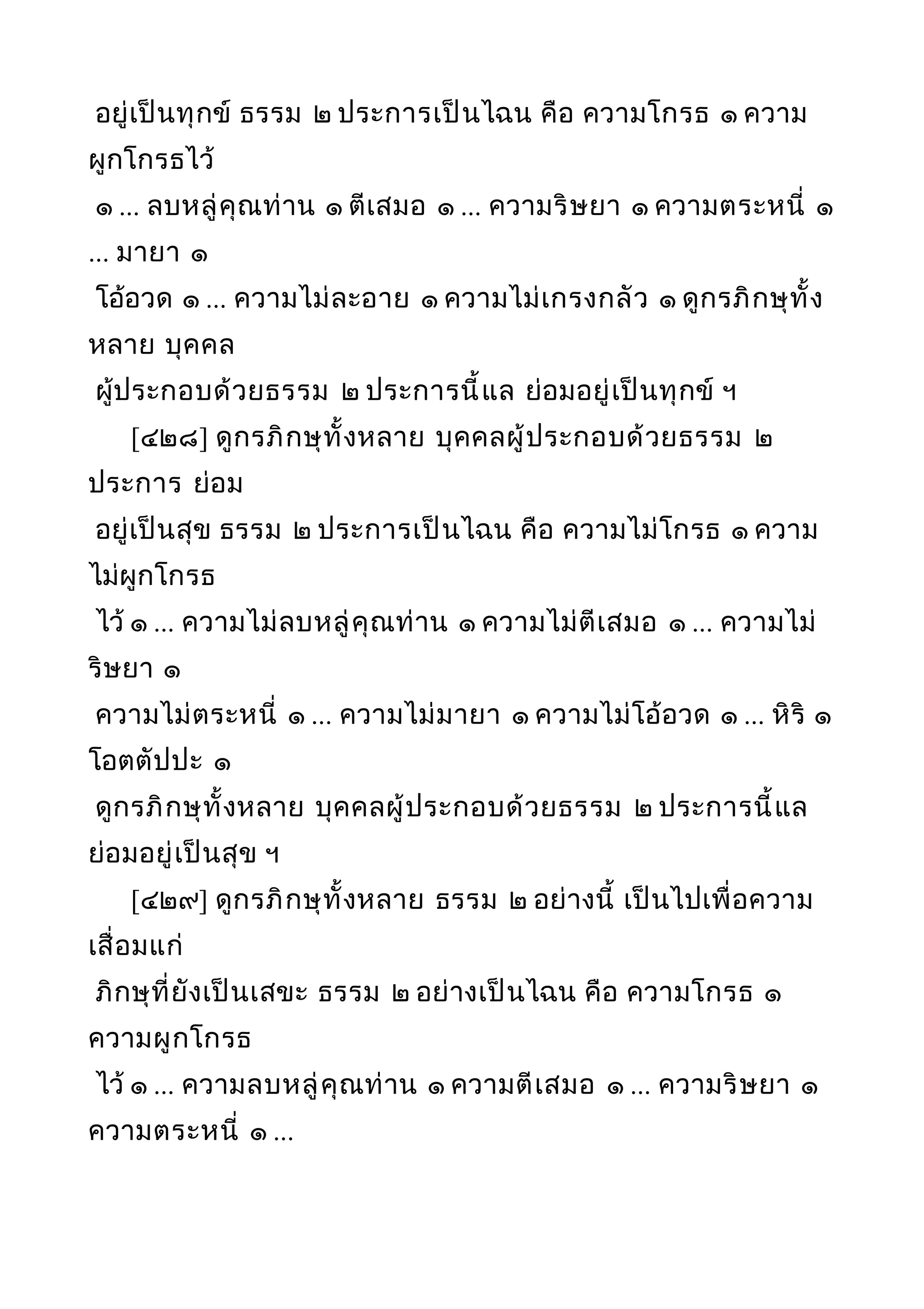 อยู่เป็นทุกข์ ธรรม ๒ ประการเป็นไฉน คือ ความโกรธ ๑ ความ
ผูกโกรธไว้
๑ ... ลบหลู่คุณท่าน ๑ ตีเสมอ ๑ ... ความริษยา ๑ ความตระหนี่ ๑
... มายา ๑
โอ้อวด ๑ ... ความไม่ละอาย ๑ ความไม่เกรงกลัว ๑ ดูกรภิกษุทั้ง
หลาย บุคคล
ผู้ประกอบด้วยธรรม ๒ ประการนี้แล ย่อมอยู่เป็นทุกข์ ฯ
[๔๒๘] ดูกรภิกษุทั้งหลาย บุคคลผู้ประกอบด้วยธรรม ๒
ประการ ย่อม
อยู่เป็นสุข ธรรม ๒ ประการเป็นไฉน คือ ความไม่โกรธ ๑ ความ
ไม่ผูกโกรธ
ไว้ ๑ ... ความไม่ลบหลู่คุณท่าน ๑ ความไม่ตีเสมอ ๑ ... ความไม่
ริษยา ๑
ความไม่ตระหนี่ ๑ ... ความไม่มายา ๑ ความไม่โอ้อวด ๑ ... หิริ ๑
โอตตัปปะ ๑
ดูกรภิกษุทั้งหลาย บุคคลผู้ประกอบด้วยธรรม ๒ ประการนี้แล
ย่อมอยู่เป็นสุข ฯ
[๔๒๙] ดูกรภิกษุทั้งหลาย ธรรม ๒ อย่างนี้ เป็นไปเพื่อความ
เสื่อมแก่
ภิกษุที่ยังเป็นเสขะ ธรรม ๒ อย่างเป็นไฉน คือ ความโกรธ ๑
ความผูกโกรธ
ไว้ ๑ ... ความลบหลู่คุณท่าน ๑ ความตีเสมอ ๑ ... ความริษยา ๑
ความตระหนี่ ๑ ...
 