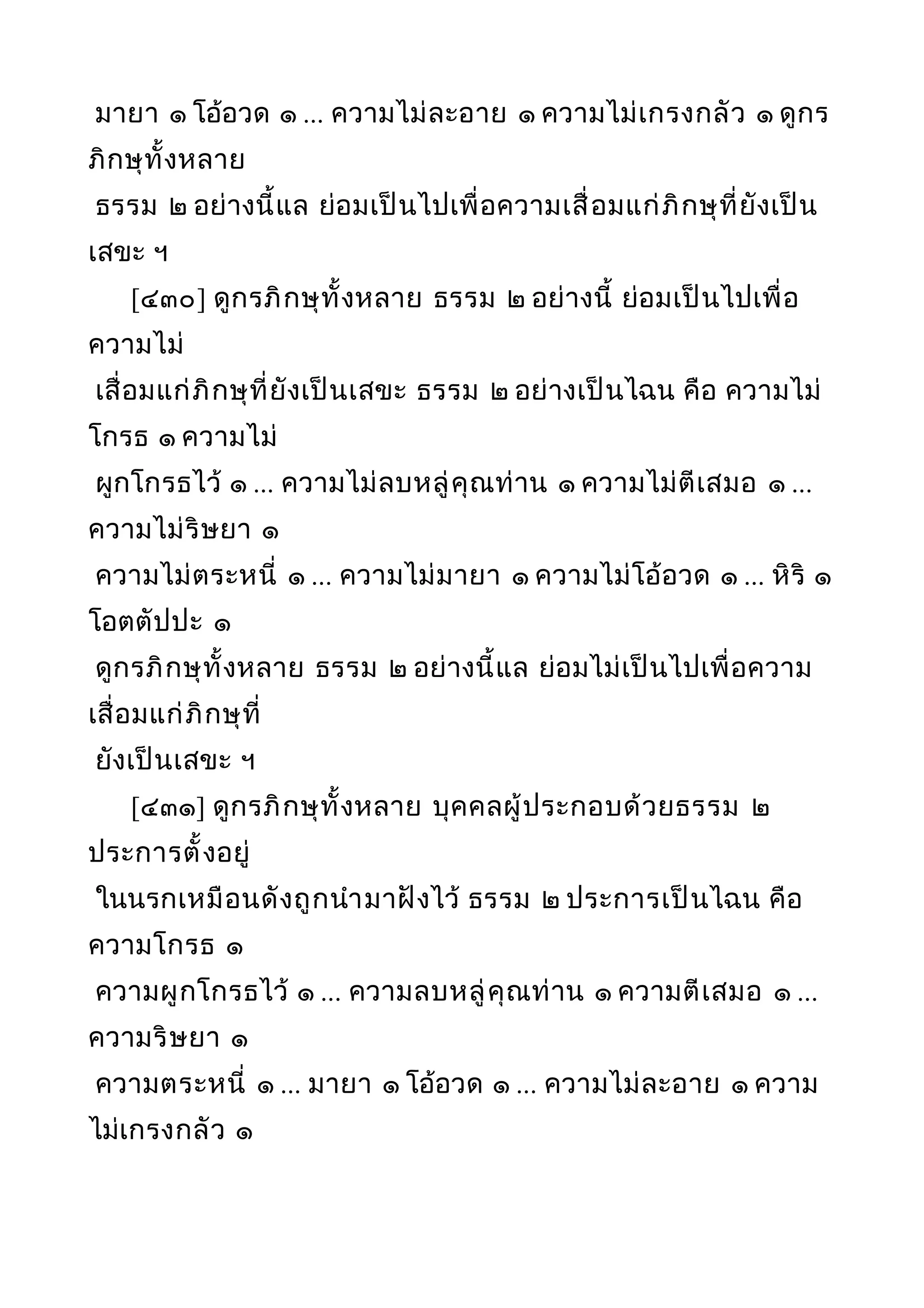 มายา ๑ โอ้อวด ๑ ... ความไม่ละอาย ๑ ความไม่เกรงกลัว ๑ ดูกร
ภิกษุทั้งหลาย
ธรรม ๒ อย่างนี้แล ย่อมเป็นไปเพื่อความเสื่อมแก่ภิกษุที่ยังเป็น
เสขะ ฯ
[๔๓๐] ดูกรภิกษุทั้งหลาย ธรรม ๒ อย่างนี้ ย่อมเป็นไปเพื่อ
ความไม่
เสื่อมแก่ภิกษุที่ยังเป็นเสขะ ธรรม ๒ อย่างเป็นไฉน คือ ความไม่
โกรธ ๑ ความไม่
ผูกโกรธไว้ ๑ ... ความไม่ลบหลู่คุณท่าน ๑ ความไม่ตีเสมอ ๑ ...
ความไม่ริษยา ๑
ความไม่ตระหนี่ ๑ ... ความไม่มายา ๑ ความไม่โอ้อวด ๑ ... หิริ ๑
โอตตัปปะ ๑
ดูกรภิกษุทั้งหลาย ธรรม ๒ อย่างนี้แล ย่อมไม่เป็นไปเพื่อความ
เสื่อมแก่ภิกษุที่
ยังเป็นเสขะ ฯ
[๔๓๑] ดูกรภิกษุทั้งหลาย บุคคลผู้ประกอบด้วยธรรม ๒
ประการตั้งอยู่
ในนรกเหมือนดังถูกนำามาฝังไว้ ธรรม ๒ ประการเป็นไฉน คือ
ความโกรธ ๑
ความผูกโกรธไว้ ๑ ... ความลบหลู่คุณท่าน ๑ ความตีเสมอ ๑ ...
ความริษยา ๑
ความตระหนี่ ๑ ... มายา ๑ โอ้อวด ๑ ... ความไม่ละอาย ๑ ความ
ไม่เกรงกลัว ๑
 