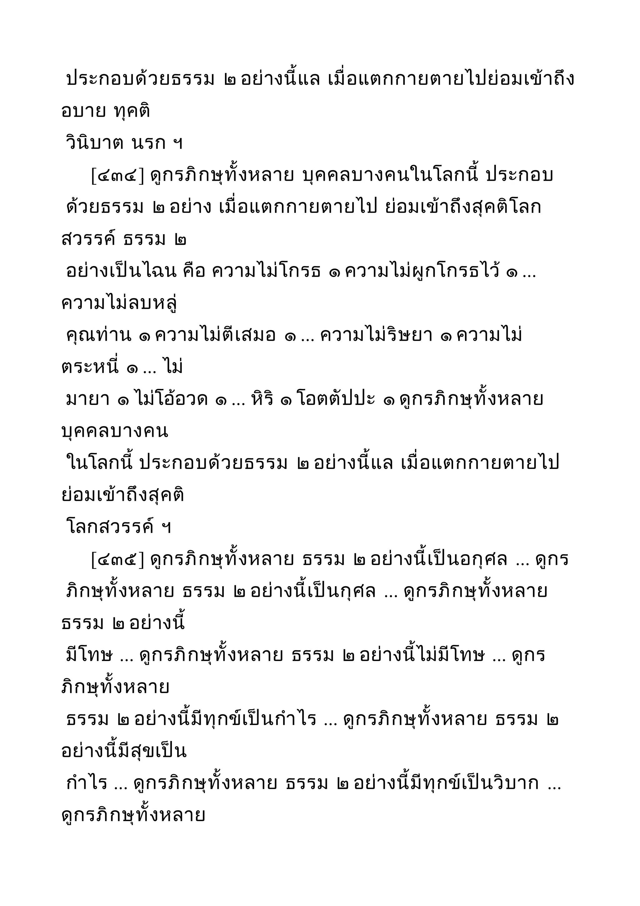 ประกอบด้วยธรรม ๒ อย่างนี้แล เมื่อแตกกายตายไปย่อมเข้าถึง
อบาย ทุคติ
วินิบาต นรก ฯ
[๔๓๔] ดูกรภิกษุทั้งหลาย บุคคลบางคนในโลกนี้ ประกอบ
ด้วยธรรม ๒ อย่าง เมื่อแตกกายตายไป ย่อมเข้าถึงสุคติโลก
สวรรค์ ธรรม ๒
อย่างเป็นไฉน คือ ความไม่โกรธ ๑ ความไม่ผูกโกรธไว้ ๑ ...
ความไม่ลบหลู่
คุณท่าน ๑ ความไม่ตีเสมอ ๑ ... ความไม่ริษยา ๑ ความไม่
ตระหนี่ ๑ ... ไม่
มายา ๑ ไม่โอ้อวด ๑ ... หิริ ๑ โอตตัปปะ ๑ ดูกรภิกษุทั้งหลาย
บุคคลบางคน
ในโลกนี้ ประกอบด้วยธรรม ๒ อย่างนี้แล เมื่อแตกกายตายไป
ย่อมเข้าถึงสุคติ
โลกสวรรค์ ฯ
[๔๓๕] ดูกรภิกษุทั้งหลาย ธรรม ๒ อย่างนี้เป็นอกุศล ... ดูกร
ภิกษุทั้งหลาย ธรรม ๒ อย่างนี้เป็นกุศล ... ดูกรภิกษุทั้งหลาย
ธรรม ๒ อย่างนี้
มีโทษ ... ดูกรภิกษุทั้งหลาย ธรรม ๒ อย่างนี้ไม่มีโทษ ... ดูกร
ภิกษุทั้งหลาย
ธรรม ๒ อย่างนี้มีทุกข์เป็นกำาไร ... ดูกรภิกษุทั้งหลาย ธรรม ๒
อย่างนี้มีสุขเป็น
กำาไร ... ดูกรภิกษุทั้งหลาย ธรรม ๒ อย่างนี้มีทุกข์เป็นวิบาก ...
ดูกรภิกษุทั้งหลาย
 
