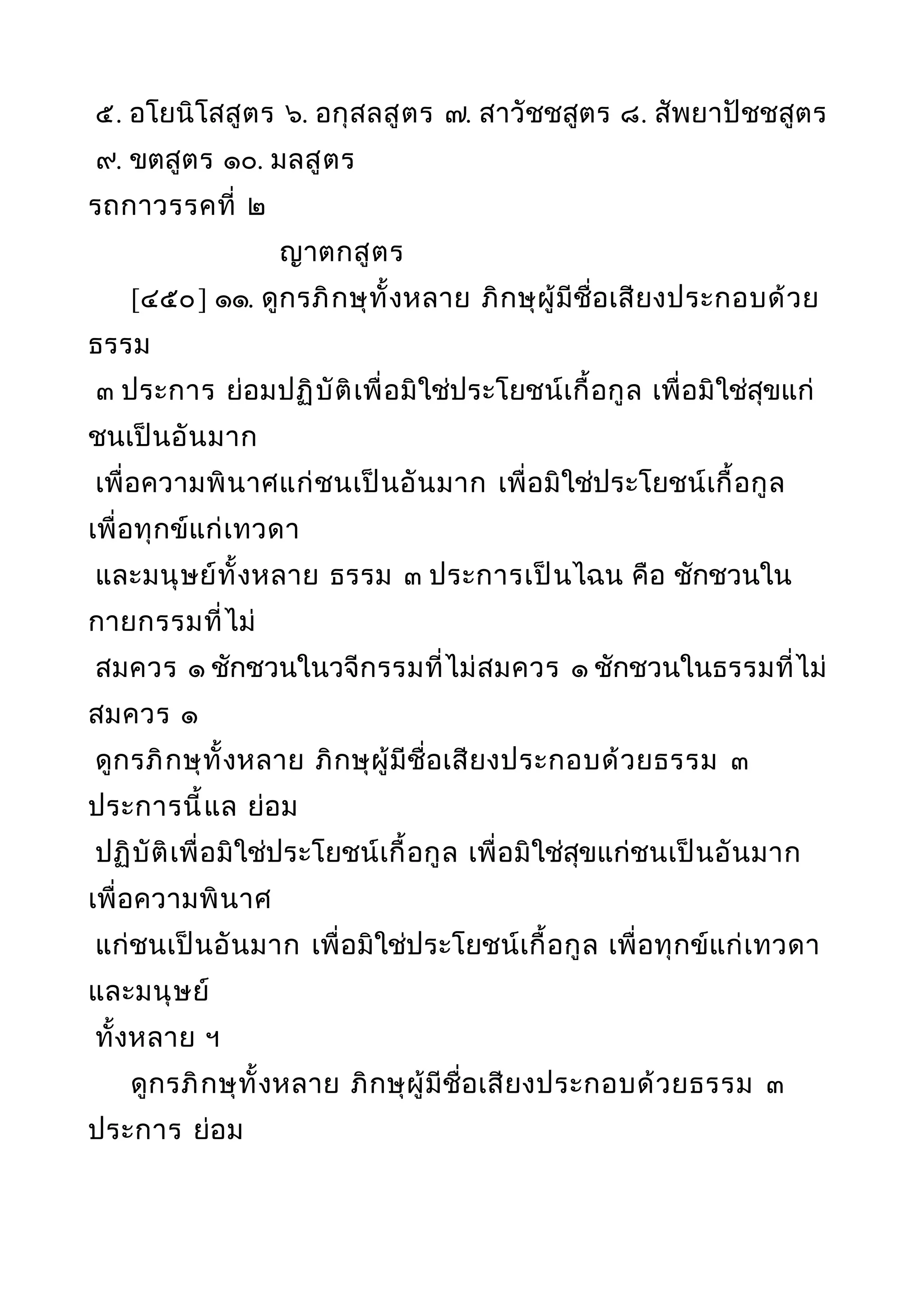 ๕. อโยนิโสสูตร ๖. อกุสลสูตร ๗. สาวัชชสูตร ๘. สัพยาปัชชสูตร
๙. ขตสูตร ๑๐. มลสูตร
รถกาวรรคที่ ๒
ญาตกสูตร
[๔๕๐] ๑๑. ดูกรภิกษุทั้งหลาย ภิกษุผู้มีชื่อเสียงประกอบด้วย
ธรรม
๓ ประการ ย่อมปฏิบัติเพื่อมิใช่ประโยชน์เกื้อกูล เพื่อมิใช่สุขแก่
ชนเป็นอันมาก
เพื่อความพินาศแก่ชนเป็นอันมาก เพื่อมิใช่ประโยชน์เกื้อกูล
เพื่อทุกข์แก่เทวดา
และมนุษย์ทั้งหลาย ธรรม ๓ ประการเป็นไฉน คือ ชักชวนใน
กายกรรมที่ไม่
สมควร ๑ ชักชวนในวจีกรรมที่ไม่สมควร ๑ ชักชวนในธรรมที่ไม่
สมควร ๑
ดูกรภิกษุทั้งหลาย ภิกษุผู้มีชื่อเสียงประกอบด้วยธรรม ๓
ประการนี้แล ย่อม
ปฏิบัติเพื่อมิใช่ประโยชน์เกื้อกูล เพื่อมิใช่สุขแก่ชนเป็นอันมาก
เพื่อความพินาศ
แก่ชนเป็นอันมาก เพื่อมิใช่ประโยชน์เกื้อกูล เพื่อทุกข์แก่เทวดา
และมนุษย์
ทั้งหลาย ฯ
ดูกรภิกษุทั้งหลาย ภิกษุผู้มีชื่อเสียงประกอบด้วยธรรม ๓
ประการ ย่อม
 