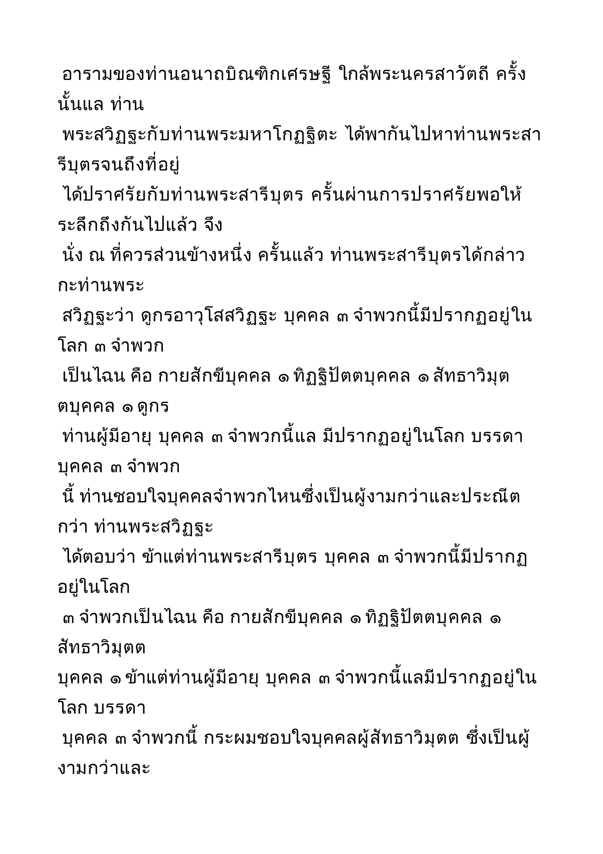 อารามของท่านอนาถบิณฑิกเศรษฐี ใกล้พระนครสาวัตถี ครั้ง
นั้นแล ท่าน
พระสวิฏฐะกับท่านพระมหาโกฏฐิตะ ได้พากันไปหาท่านพระสา
รีบุตรจนถึงที่อยู่
ได้ปราศรัยกับท่านพระสารีบุตร ครั้นผ่านการปราศรัยพอให้
ระลึกถึงกันไปแล้ว จึง
นั่ง ณ ที่ควรส่วนข้างหนึ่ง ครั้นแล้ว ท่านพระสารีบุตรได้กล่าว
กะท่านพระ
สวิฏฐะว่า ดูกรอาวุโสสวิฏฐะ บุคคล ๓ จำาพวกนี้มีปรากฏอยู่ใน
โลก ๓ จำาพวก
เป็นไฉน คือ กายสักขีบุคคล ๑ ทิฏฐิปัตตบุคคล ๑ สัทธาวิมุต
ตบุคคล ๑ ดูกร
ท่านผู้มีอายุ บุคคล ๓ จำาพวกนี้แล มีปรากฏอยู่ในโลก บรรดา
บุคคล ๓ จำาพวก
นี้ ท่านชอบใจบุคคลจำาพวกไหนซึ่งเป็นผู้งามกว่าและประณีต
กว่า ท่านพระสวิฏฐะ
ได้ตอบว่า ข้าแต่ท่านพระสารีบุตร บุคคล ๓ จำาพวกนี้มีปรากฏ
อยู่ในโลก
๓ จำาพวกเป็นไฉน คือ กายสักขีบุคคล ๑ ทิฏฐิปัตตบุคคล ๑
สัทธาวิมุตต
บุคคล ๑ ข้าแต่ท่านผู้มีอายุ บุคคล ๓ จำาพวกนี้แลมีปรากฏอยู่ใน
โลก บรรดา
บุคคล ๓ จำาพวกนี้ กระผมชอบใจบุคคลผู้สัทธาวิมุตต ซึ่งเป็นผู้
งามกว่าและ
 