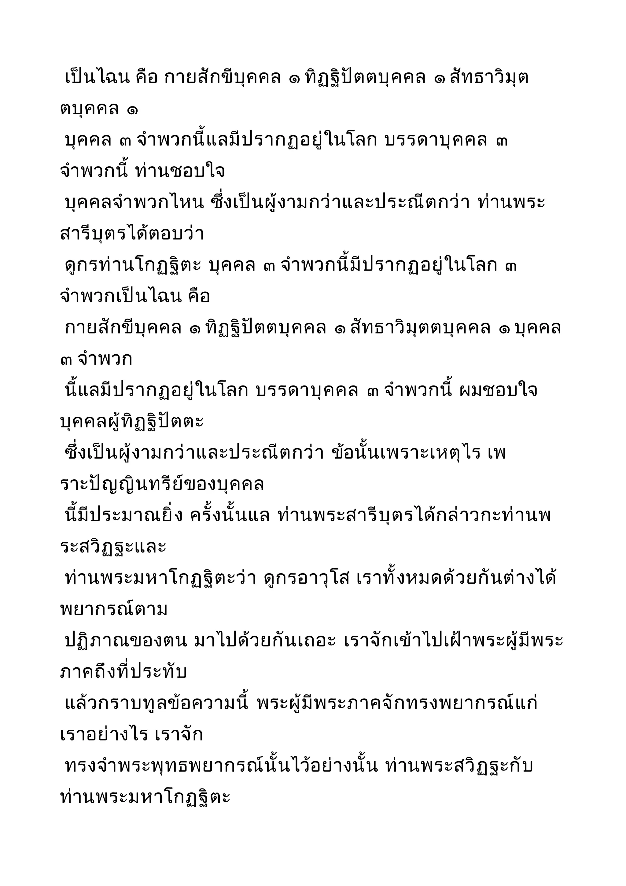 เป็นไฉน คือ กายสักขีบุคคล ๑ ทิฏฐิปัตตบุคคล ๑ สัทธาวิมุต
ตบุคคล ๑
บุคคล ๓ จำาพวกนี้แลมีปรากฏอยู่ในโลก บรรดาบุคคล ๓
จำาพวกนี้ ท่านชอบใจ
บุคคลจำาพวกไหน ซึ่งเป็นผู้งามกว่าและประณีตกว่า ท่านพระ
สารีบุตรได้ตอบว่า
ดูกรท่านโกฏฐิตะ บุคคล ๓ จำาพวกนี้มีปรากฏอยู่ในโลก ๓
จำาพวกเป็นไฉน คือ
กายสักขีบุคคล ๑ ทิฏฐิปัตตบุคคล ๑ สัทธาวิมุตตบุคคล ๑ บุคคล
๓ จำาพวก
นี้แลมีปรากฏอยู่ในโลก บรรดาบุคคล ๓ จำาพวกนี้ ผมชอบใจ
บุคคลผู้ทิฏฐิปัตตะ
ซึ่งเป็นผู้งามกว่าและประณีตกว่า ข้อนั้นเพราะเหตุไร เพ
ราะปัญญินทรีย์ของบุคคล
นี้มีประมาณยิ่ง ครั้งนั้นแล ท่านพระสารีบุตรได้กล่าวกะท่านพ
ระสวิฏฐะและ
ท่านพระมหาโกฏฐิตะว่า ดูกรอาวุโส เราทั้งหมดด้วยกันต่างได้
พยากรณ์ตาม
ปฏิภาณของตน มาไปด้วยกันเถอะ เราจักเข้าไปเฝ้าพระผู้มีพระ
ภาคถึงที่ประทับ
แล้วกราบทูลข้อความนี้ พระผู้มีพระภาคจักทรงพยากรณ์แก่
เราอย่างไร เราจัก
ทรงจำาพระพุทธพยากรณ์นั้นไว้อย่างนั้น ท่านพระสวิฏฐะกับ
ท่านพระมหาโกฏฐิตะ
 