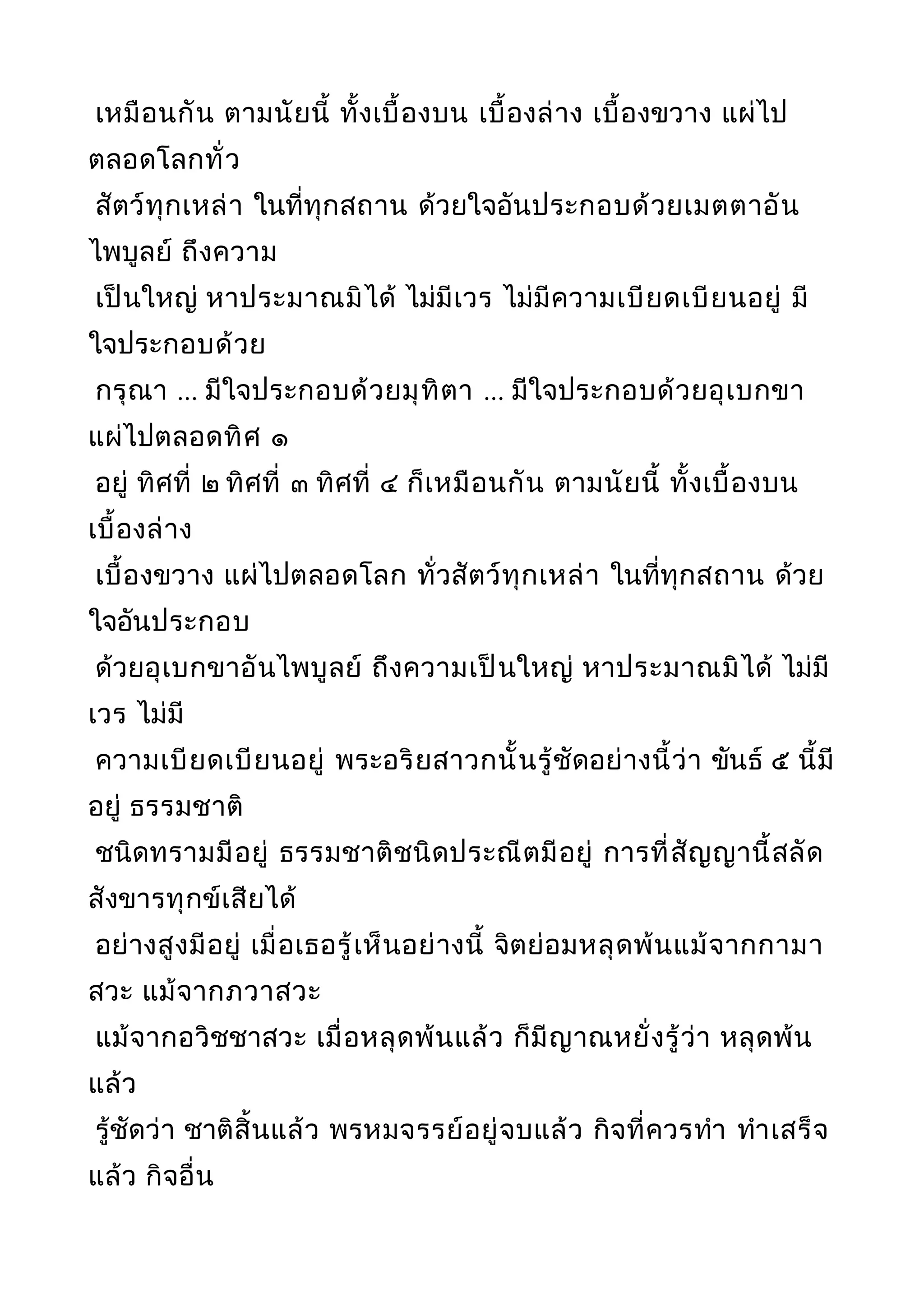 เหมือนกัน ตามนัยนี้ ทั้งเบื้องบน เบื้องล่าง เบื้องขวาง แผ่ไป
ตลอดโลกทั่ว
สัตว์ทุกเหล่า ในที่ทุกสถาน ด้วยใจอันประกอบด้วยเมตตาอัน
ไพบูลย์ ถึงความ
เป็นใหญ่ หาประมาณมิได้ ไม่มีเวร ไม่มีความเบียดเบียนอยู่ มี
ใจประกอบด้วย
กรุณา ... มีใจประกอบด้วยมุทิตา ... มีใจประกอบด้วยอุเบกขา
แผ่ไปตลอดทิศ ๑
อยู่ ทิศที่ ๒ ทิศที่ ๓ ทิศที่ ๔ ก็เหมือนกัน ตามนัยนี้ ทั้งเบื้องบน
เบื้องล่าง
เบื้องขวาง แผ่ไปตลอดโลก ทั่วสัตว์ทุกเหล่า ในที่ทุกสถาน ด้วย
ใจอันประกอบ
ด้วยอุเบกขาอันไพบูลย์ ถึงความเป็นใหญ่ หาประมาณมิได้ ไม่มี
เวร ไม่มี
ความเบียดเบียนอยู่ พระอริยสาวกนั้นรู้ชัดอย่างนี้ว่า ขันธ์ ๕ นี้มี
อยู่ ธรรมชาติ
ชนิดทรามมีอยู่ ธรรมชาติชนิดประณีตมีอยู่ การที่สัญญานี้สลัด
สังขารทุกข์เสียได้
อย่างสูงมีอยู่ เมื่อเธอรู้เห็นอย่างนี้ จิตย่อมหลุดพ้นแม้จากกามา
สวะ แม้จากภวาสวะ
แม้จากอวิชชาสวะ เมื่อหลุดพ้นแล้ว ก็มีญาณหยั่งรู้ว่า หลุดพ้น
แล้ว
รู้ชัดว่า ชาติสิ้นแล้ว พรหมจรรย์อยู่จบแล้ว กิจที่ควรทำา ทำาเสร็จ
แล้ว กิจอื่น
 