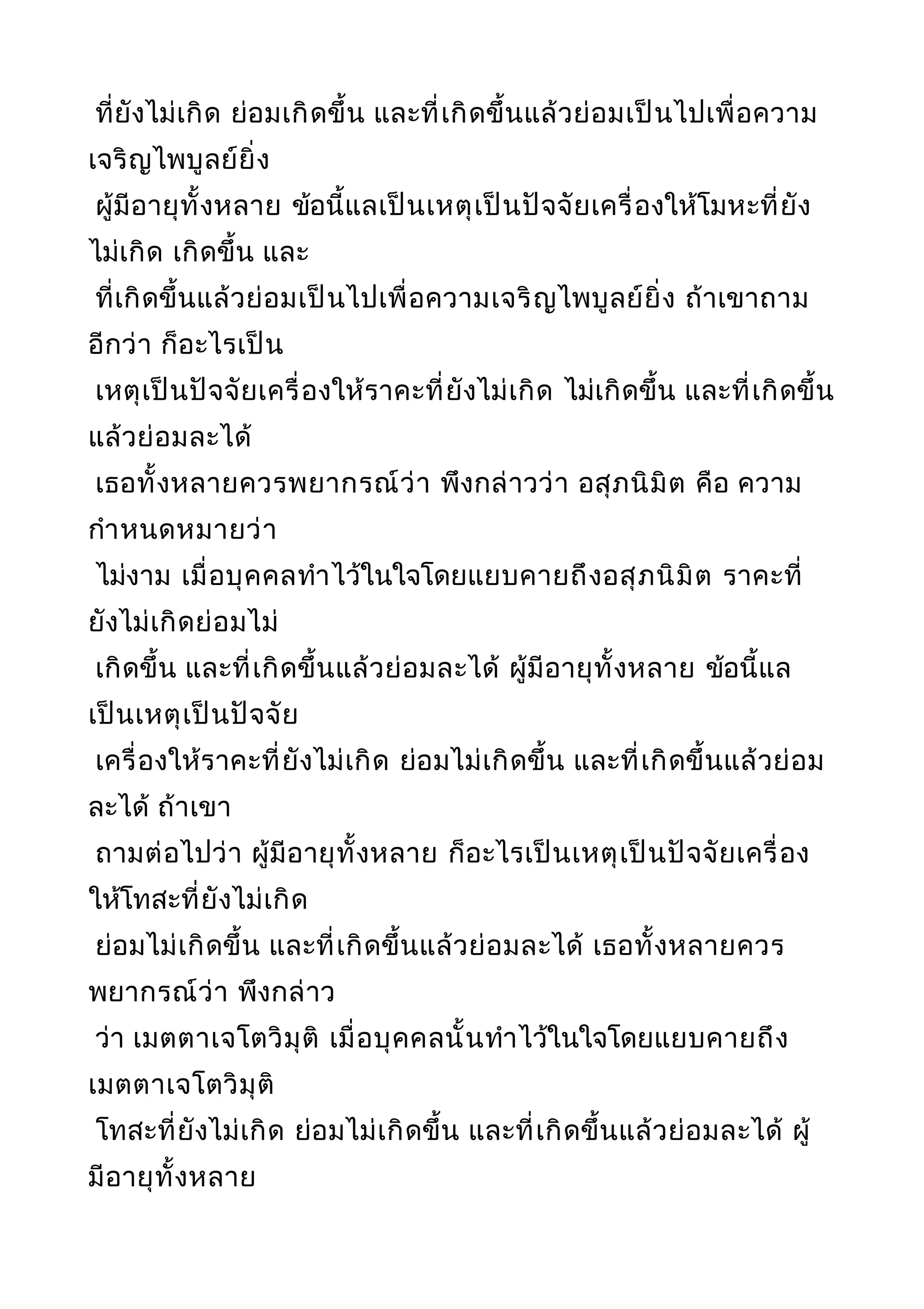 ที่ยังไม่เกิด ย่อมเกิดขึ้น และที่เกิดขึ้นแล้วย่อมเป็นไปเพื่อความ
เจริญไพบูลย์ยิ่ง
ผู้มีอายุทั้งหลาย ข้อนี้แลเป็นเหตุเป็นปัจจัยเครื่องให้โมหะที่ยัง
ไม่เกิด เกิดขึ้น และ
ที่เกิดขึ้นแล้วย่อมเป็นไปเพื่อความเจริญไพบูลย์ยิ่ง ถ้าเขาถาม
อีกว่า ก็อะไรเป็น
เหตุเป็นปัจจัยเครื่องให้ราคะที่ยังไม่เกิด ไม่เกิดขึ้น และที่เกิดขึ้น
แล้วย่อมละได้
เธอทั้งหลายควรพยากรณ์ว่า พึงกล่าวว่า อสุภนิมิต คือ ความ
กำาหนดหมายว่า
ไม่งาม เมื่อบุคคลทำาไว้ในใจโดยแยบคายถึงอสุภนิมิต ราคะที่
ยังไม่เกิดย่อมไม่
เกิดขึ้น และที่เกิดขึ้นแล้วย่อมละได้ ผู้มีอายุทั้งหลาย ข้อนี้แล
เป็นเหตุเป็นปัจจัย
เครื่องให้ราคะที่ยังไม่เกิด ย่อมไม่เกิดขึ้น และที่เกิดขึ้นแล้วย่อม
ละได้ ถ้าเขา
ถามต่อไปว่า ผู้มีอายุทั้งหลาย ก็อะไรเป็นเหตุเป็นปัจจัยเครื่อง
ให้โทสะที่ยังไม่เกิด
ย่อมไม่เกิดขึ้น และที่เกิดขึ้นแล้วย่อมละได้ เธอทั้งหลายควร
พยากรณ์ว่า พึงกล่าว
ว่า เมตตาเจโตวิมุติ เมื่อบุคคลนั้นทำาไว้ในใจโดยแยบคายถึง
เมตตาเจโตวิมุติ
โทสะที่ยังไม่เกิด ย่อมไม่เกิดขึ้น และที่เกิดขึ้นแล้วย่อมละได้ ผู้
มีอายุทั้งหลาย
 