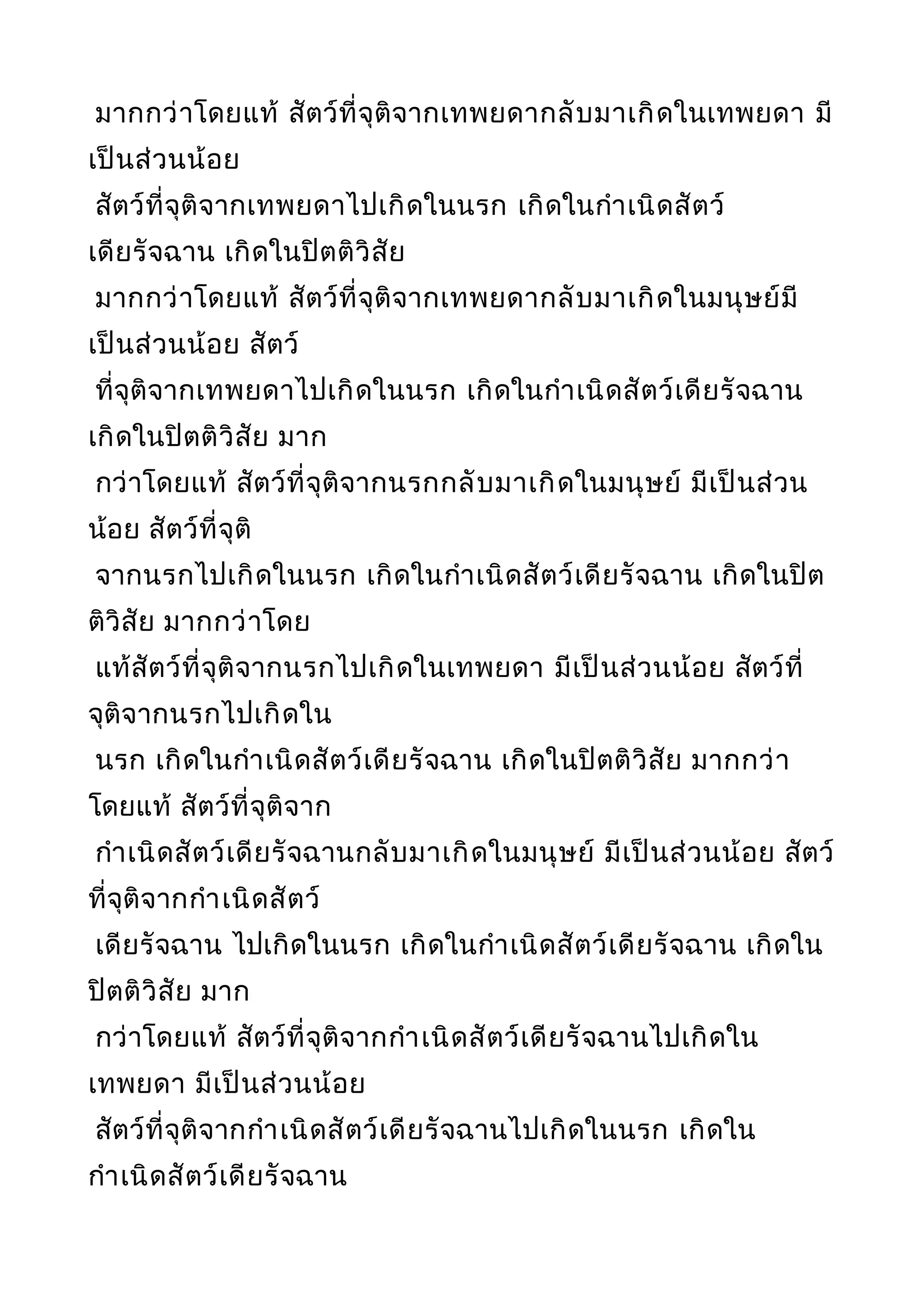 มากกว่าโดยแท้ สัตว์ที่จุติจากเทพยดากลับมาเกิดในเทพยดา มี
เป็นส่วนน้อย
สัตว์ที่จุติจากเทพยดาไปเกิดในนรก เกิดในกำาเนิดสัตว์
เดียรัจฉาน เกิดในปิตติวิสัย
มากกว่าโดยแท้ สัตว์ที่จุติจากเทพยดากลับมาเกิดในมนุษย์มี
เป็นส่วนน้อย สัตว์
ที่จุติจากเทพยดาไปเกิดในนรก เกิดในกำาเนิดสัตว์เดียรัจฉาน
เกิดในปิตติวิสัย มาก
กว่าโดยแท้ สัตว์ที่จุติจากนรกกลับมาเกิดในมนุษย์ มีเป็นส่วน
น้อย สัตว์ที่จุติ
จากนรกไปเกิดในนรก เกิดในกำาเนิดสัตว์เดียรัจฉาน เกิดในปิต
ติวิสัย มากกว่าโดย
แท้สัตว์ที่จุติจากนรกไปเกิดในเทพยดา มีเป็นส่วนน้อย สัตว์ที่
จุติจากนรกไปเกิดใน
นรก เกิดในกำาเนิดสัตว์เดียรัจฉาน เกิดในปิตติวิสัย มากกว่า
โดยแท้ สัตว์ที่จุติจาก
กำาเนิดสัตว์เดียรัจฉานกลับมาเกิดในมนุษย์ มีเป็นส่วนน้อย สัตว์
ที่จุติจากกำาเนิดสัตว์
เดียรัจฉาน ไปเกิดในนรก เกิดในกำาเนิดสัตว์เดียรัจฉาน เกิดใน
ปิตติวิสัย มาก
กว่าโดยแท้ สัตว์ที่จุติจากกำาเนิดสัตว์เดียรัจฉานไปเกิดใน
เทพยดา มีเป็นส่วนน้อย
สัตว์ที่จุติจากกำาเนิดสัตว์เดียรัจฉานไปเกิดในนรก เกิดใน
กำาเนิดสัตว์เดียรัจฉาน
 