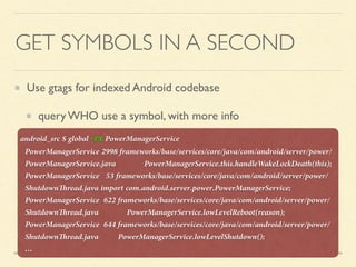 GET SYMBOLS IN A SECOND
Use gtags for indexed Android codebase
query WHO use a symbol, with more info
android_src $ global -rx PowerManagerService
PowerManagerService 2998 frameworks/base/services/core/java/com/android/server/power/
PowerManagerService.java PowerManagerService.this.handleWakeLockDeath(this);
PowerManagerService 53 frameworks/base/services/core/java/com/android/server/power/
ShutdownThread.java import com.android.server.power.PowerManagerService;
PowerManagerService 622 frameworks/base/services/core/java/com/android/server/power/
ShutdownThread.java PowerManagerService.lowLevelReboot(reason);
PowerManagerService 644 frameworks/base/services/core/java/com/android/server/power/
ShutdownThread.java PowerManagerService.lowLevelShutdown();
…
 