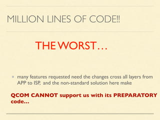 MILLION LINES OF CODE!!
many features requested need the changes cross all layers from
APP to ISP, and the non-standard solution here make
THE WORST…
QCOM CANNOT support us with its PREPARATORY
code…
 