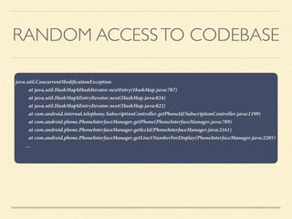 RANDOM ACCESSTO CODEBASE
java.util.ConcurrentModiﬁcationException
at java.util.HashMap$HashIterator.nextEntry(HashMap.java:787)
at java.util.HashMap$EntryIterator.next(HashMap.java:824)
at java.util.HashMap$EntryIterator.next(HashMap.java:822)
at com.android.internal.telephony.SubscriptionController.getPhoneId(SubscriptionController.java:1199)
at com.android.phone.PhoneInterfaceManager.getPhone(PhoneInterfaceManager.java:789)
at com.android.phone.PhoneInterfaceManager.getIccId(PhoneInterfaceManager.java:2161)
at com.android.phone.PhoneInterfaceManager.getLine1NumberForDisplay(PhoneInterfaceManager.java:2205)
…
 