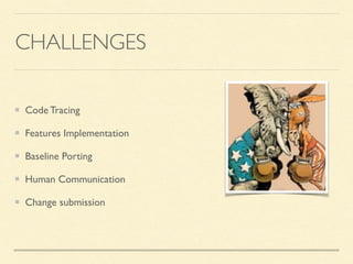 CHALLENGES
Code Tracing
Features Implementation
Baseline Porting
Human Communication
Change submission
 
