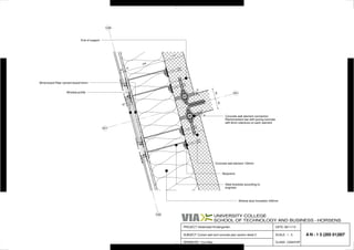 CA5
CA5
CK1
CK1
35
60
60
120
240
10
20
8
8
8
8
PROJECT:
SUBJECT:
DRAWN BY:
SCALE:
CLASS:
DATE:
UNIVERSITY COLLEGE
SCHOOL OF TECHNOLOGY AND BUSINESS -
1 : 5
Hedensted Kindergarden
Curtain wall and concrete plan section detail 2
Yuni Mao
06/11/13
A N - 1 5 (205 01)007
CASH73P
HORSENS
End of support
Wind board-Fiber cement board10mm
Window profile
Mineral wool Insulation 240mm
Steel brackets according to
engineer
Neoprene
Concrete wall element 120mm
Concrete wall element connection
Reinforcement bar with puring concrete
with 8mm tolerance on each element
PRODUCED BY AN AUTODESK STUDENT PRODUCT
PRODUCEDBYANAUTODESKSTUDENTPRODUCT
PRODUCEDBYANAUTODESKSTUDENTPRODUCT
PRODUCEDBYANAUTODESKSTUDENTPRODUCT
 