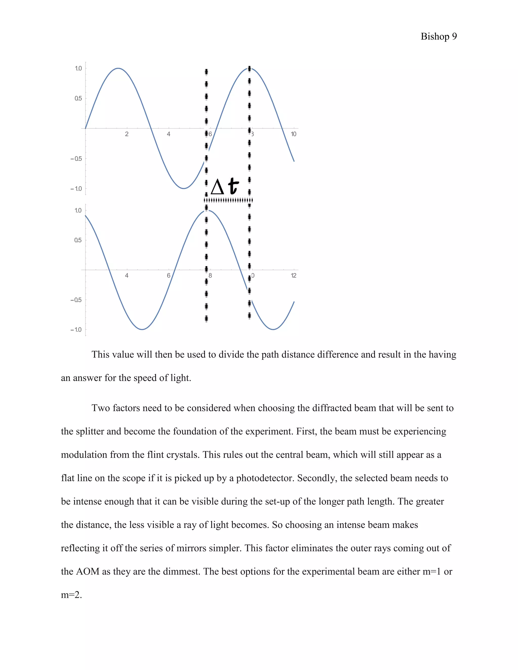 Bishop 9
This value will then be used to divide the path distance difference and result in the having
an answer for the speed of light.
Two factors need to be considered when choosing the diffracted beam that will be sent to
the splitter and become the foundation of the experiment. First, the beam must be experiencing
modulation from the flint crystals. This rules out the central beam, which will still appear as a
flat line on the scope if it is picked up by a photodetector. Secondly, the selected beam needs to
be intense enough that it can be visible during the set-up of the longer path length. The greater
the distance, the less visible a ray of light becomes. So choosing an intense beam makes
reflecting it off the series of mirrors simpler. This factor eliminates the outer rays coming out of
the AOM as they are the dimmest. The best options for the experimental beam are either m=1 or
m=2.
2 4 6 8 10
1.0
0.5
0.5
1.0
4 6 8 10 12
1.0
0.5
0.5
1.0
 