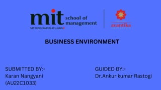 BUSINESS ENVIRONMENT
SUBMITTED BY:-
Karan Nangyani
(AU22C1033)
GUIDED BY:-
Dr.Ankur kumar Rastogi
 