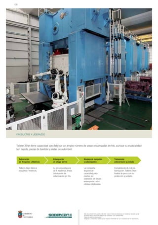 Montaje de conjuntos
y subconjuntos
Estampación
de chapa en frío
Este documento forma parte de la serie: casos de éxito de empresas en Cantabria, realizado por la
Sociedad para el Desarrollo Regional de Cantabria, S.A. (SODERCAN).
Todos los derechos reservados.
Imágenes y contenidos cedidos por la empresa. Prohibido su uso o reproducción sin autorización.
PRODUCTOS Y LIDERAZGO
sociedad para el desarrollo regional de cantabria
Talleres Oran tiene capacidad para fabricar un amplio número de piezas estampadas en frío, aunque su especialidad
son capots, piezas de bastidor y aletas de automóvil.
Fabricación
de Troqueles y Matrices
Tratamiento
anticorrosivo y pintado
Talleres Oran fabrica
troqueles y matrices.
La empresa dispone
de 4 modernas líneas
robotizadas de
estampación en frío.
La compañía
dispone de
capacidad para
montar por
soldadura las piezas
estampadas, en 4
células robotizadas.
Completando el ciclo de
fabricación, Talleres Oran
finaliza la pieza con su
protección y pintado.
120
 