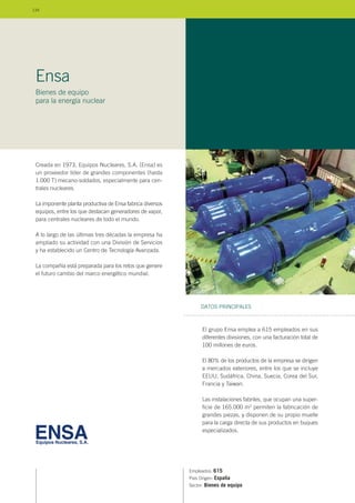Creada en 1973, Equipos Nucleares, S.A. (Ensa) es
un proveedor líder de grandes componentes (hasta
1.000 T) mecano-soldados, especialmente para cen-
trales nucleares.
La imponente planta productiva de Ensa fabrica diversos
equipos, entre los que destacan generadores de vapor,
para centrales nucleares de todo el mundo.
A lo largo de las últimas tres décadas la empresa ha
ampliado su actividad con una División de Servicios
y ha establecido un Centro de Tecnología Avanzada.
La compañía está preparada para los retos que genere
el futuro cambio del marco energético mundial.
Empleados: 615
País Origen: España
Sector: Bienes de equipo
El grupo Ensa emplea a 615 empleados en sus
diferentes divisiones, con una facturación total de
100 millones de euros.
El 80% de los productos de la empresa se dirigen
a mercados exteriores, entre los que se incluye
EEUU, Sudáfrica, China, Suecia, Corea del Sur,
Francia y Taiwan.
Las instalaciones fabriles, que ocupan una super-
ficie de 165.000 m2 permiten la fabricación de
grandes piezas, y disponen de su propio muelle
para la carga directa de sus productos en buques
especializados.
DATOS PRINCIPALES
Ensa
Bienes de equipo
para la energía nuclear
134
 