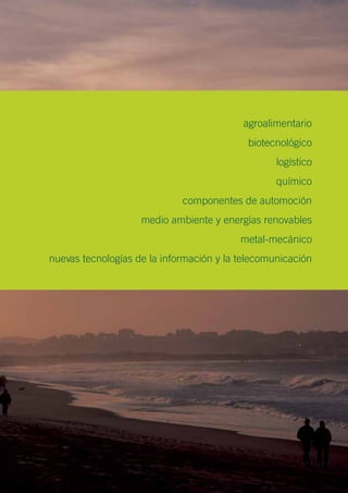 agroalimentario
biotecnológico
logístico
químico
componentes de automoción
medio ambiente y energías renovables
metal-mecánico
nuevas tecnologías de la información y la telecomunicación
 