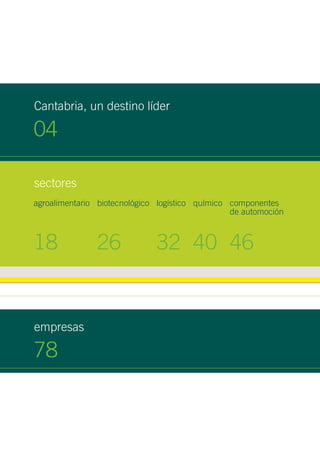 empresas
78
agroalimentario biotecnológico logístico químico componentes
de automoción
Cantabria, un destino líder
sectores
18 26 32 40 46
04
 