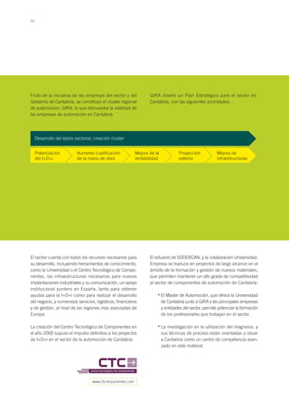 50
Fruto de la iniciativa de las empresas del sector y del
Gobierno de Cantabria, se constituyó el cluster regional
de automoción, GIRA, lo que demuestra la vitalidad de
las empresas de automoción en Cantabria.
GIRA diseñó un Plan Estratégico para el sector en
Cantabria, con las siguientes prioridades:
El sector cuenta con todos los recursos necesarios para
su desarrollo, incluyendo herramientas de conocimiento,
como la Universidad o el Centro Tecnológico de Compo-
nentes, las infraestructuras necesarias para nuevas
implantaciones industriales y su comunicación, un apoyo
institucional puntero en España, tanto para obtener
ayudas para la I+D+i como para realizar el desarrollo
del negocio, y numerosos servicios, logísticos, financieros
y de gestión, al nivel de las regiones más avanzadas de
Europa.
La creación del Centro Tecnológico de Componentes en
el año 2000 supuso el impulso definitivo a los proyectos
de I+D+i en el sector de la automoción de Cantabria.
Desarrollo del tejido sectorial, creación cluster
Potenciación
del I+D+i
Aumento cualificación
de la mano de obra
Proyección
exterior
Mejora de la
rentabilidad
Mejora de
infraestructuras
El esfuerzo de SODERCAN, y la colaboración Universidad-
Empresa se traduce en proyectos de largo alcance en el
ámbito de la formación y gestión de nuevos materiales,
que permiten mantener un alto grado de competitividad
al sector de componentes de automoción de Cantabria:
El Master de Automoción, que ofrece la Universidad
de Cantabria junto a GIRA y las principales empresas
y entidades del sector, permite potenciar la formación
de los profesionales que trabajan en el sector.
La investigación en la utilización del magnesio, y
sus técnicas de proceso están orientadas a situar
a Cantabria como un centro de competencia avan-
zado en este material.
•
•
www.ctcomponentes.com
 