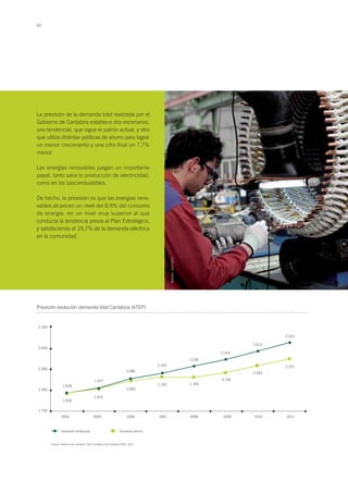 60
Previsión evolución demanda total Cantabria (kTEP)
La previsión de la demanda total realizada por el
Gobierno de Cantabria establece dos escenarios,
uno tendencial, que sigue el patrón actual, y otro
que utiliza distintas políticas de ahorro para lograr
un menor crecimiento y una cifra final un 7,7%
menor.
Las energías renovables juegan un importante
papel, tanto para la producción de electricidad,
como en los biocombustibles.
De hecho, la previsión es que las energías reno-
vables alcancen un nivel del 8,9% del consumo
de energía, en un nivel muy superior al que
conducía la tendencia previa al Plan Estratégico,
y satisfaciendo el 19,7% de la demanda eléctrica
en la comunidad.
Fuente: Gobierno de Cantabria. Plan Energético de Cantabria 2005 - 2011
2.700
2.450
2.200
1.950
1.700
2004
Escenario tendencial Escenario ahorro
2005 2006 2007 2008 2009 2010 2011
1.918
1.918
1.977
1.970
2.063
2.085
2.155
2.105
2.236
2.100
2.319
2.159
2.243
2.413
2.514
2.321
IMAGEN:CANTAREY
 