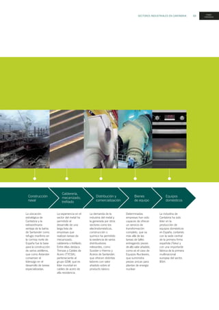 SECTORES INDUSTRIALES EN CANTABRIA 69
Construcción
naval
Calderería,
mecanizado,
trefilado
Distribución y
comercialización
Equipos
domésticos
Bienes
de equipo
La ubicación
estratégica de
Cantabria y la
extraordinaria
ventaja de la bahía
de Santander como
refugio marítimo en
la cornisa norte de
España fue la base
para la construcción
de varios astilleros,
que como Astander
conservan el
liderazgo en el
desarrollo de tareas
especializadas.
La experiencia en el
sector del metal ha
permitido el
desarrollo de una
larga lista de
empresas que
realizan tareas de
mecanizado,
calderería o trefilado.
Entre ellas destaca
Trenzas y Cables de
Acero (TYCSA),
perteneciente al
grupo GSW, que es
líder mundial en
cables de acero de
alta resistencia.
La demanda de la
industria del metal y
la generada por otros
sectores como los
electrodomésticos,
construcción o
químico ha permitido
la existencia de varios
distribuidores
relevantes, como
Susider o Hierros y
Aceros de Santander,
que ofrecen distintas
labores con valor
añadido sobre el
producto básico.
Determinadas
empresas han sido
capaces de ofrecer
un servicio de
transformación
completo, que va
más allá de las
tareas de taller,
entregando piezas
de alto valor añadido,
como es el caso de
Equipos Nucleares,
que suministra
piezas únicas para
plantas de energía
nuclear.
La industria de
Cantabria ha sido
líder en la
producción de
equipos domésticos
en España, contando
con la sede central
de la primera firma
española (Teka) y
con una importante
fábrica de la primera
multinacional
europea del sector,
BSH.
metal-
mecánico
 