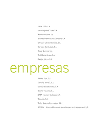 empresasTalleres Oran, S.A.
Cantarey Reinosa, S.A.
General Biocarburantes, S.A.
Sidenor Industrial, S.L.
ENSA - Equipos Nucleares, S.A.
Mundivía, S.A.
Quiter Servicios Informaticos, S.L.
ACORDE - Advanced Communications Research and Development, S.A.
Leche Frixia, S.A.
Ultracongelados Froxá, S.A.
Moehs Cantabria, S.L.
Industrial Farmacéutica Cantabria, S.A.
Christian Salvesen Gerposa, S.A.
Garvasa - García Valle, S.L.
Solvay Química, S.L.
Textil Santanderina, S.A.
EvoBus Ibérica, S.A.
 