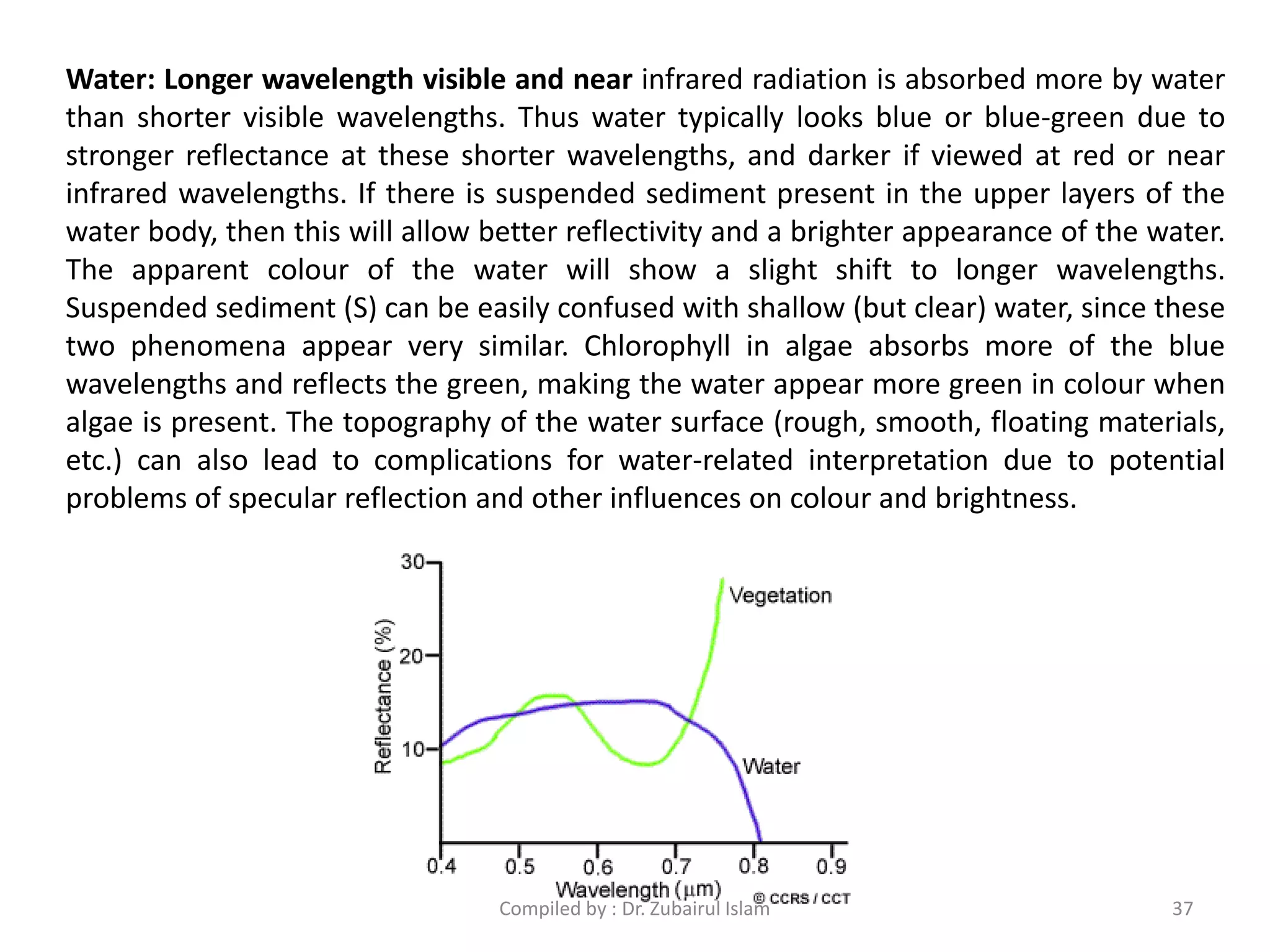 Water: Longer wavelength visible and near infrared radiation is absorbed more by water
than shorter visible wavelengths. Thus water typically looks blue or blue-green due to
stronger reflectance at these shorter wavelengths, and darker if viewed at red or near
infrared wavelengths. If there is suspended sediment present in the upper layers of the
water body, then this will allow better reflectivity and a brighter appearance of the water.
The apparent colour of the water will show a slight shift to longer wavelengths.
Suspended sediment (S) can be easily confused with shallow (but clear) water, since these
two phenomena appear very similar. Chlorophyll in algae absorbs more of the blue
wavelengths and reflects the green, making the water appear more green in colour when
algae is present. The topography of the water surface (rough, smooth, floating materials,
etc.) can also lead to complications for water-related interpretation due to potential
problems of specular reflection and other influences on colour and brightness.
37Compiled by : Dr. Zubairul Islam
 
