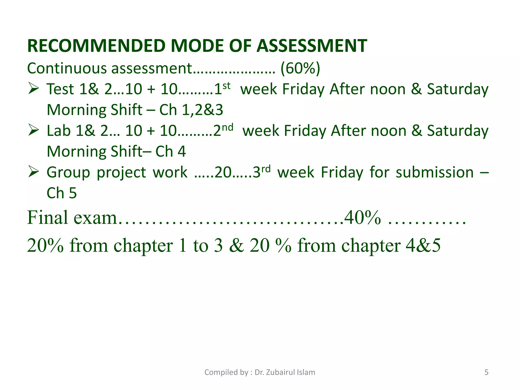 RECOMMENDED MODE OF ASSESSMENT
Continuous assessment………………… (60%)
 Test 1& 2…10 + 10………1st week Friday After noon & Saturday
Morning Shift – Ch 1,2&3
 Lab 1& 2… 10 + 10………2nd week Friday After noon & Saturday
Morning Shift– Ch 4
 Group project work …..20…..3rd week Friday for submission –
Ch 5
Final exam…………………………….40% …………
20% from chapter 1 to 3 & 20 % from chapter 4&5
5Compiled by : Dr. Zubairul Islam
 